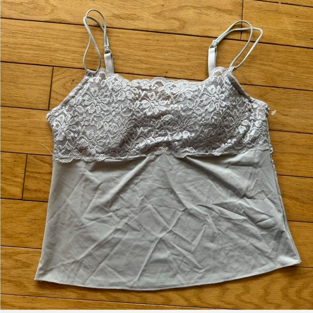 Y2K Lace Trim Shelf Bra Cami Tank Top Silver Gray Coquette Balletcore M/L
